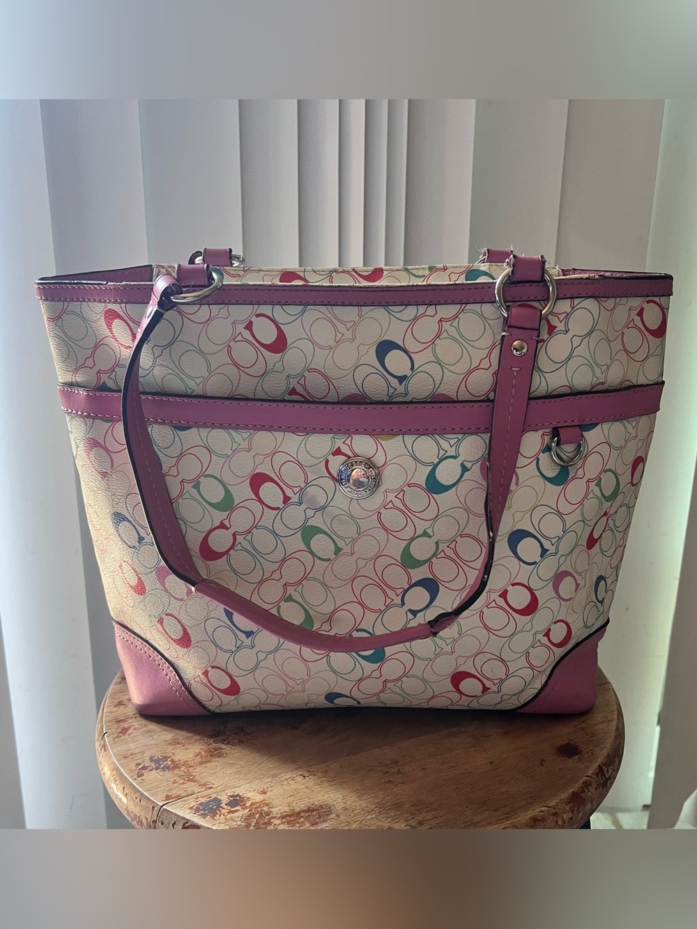 COACH Signature PVC Multi-Color Tote Bag White Pink Shoulder Auth